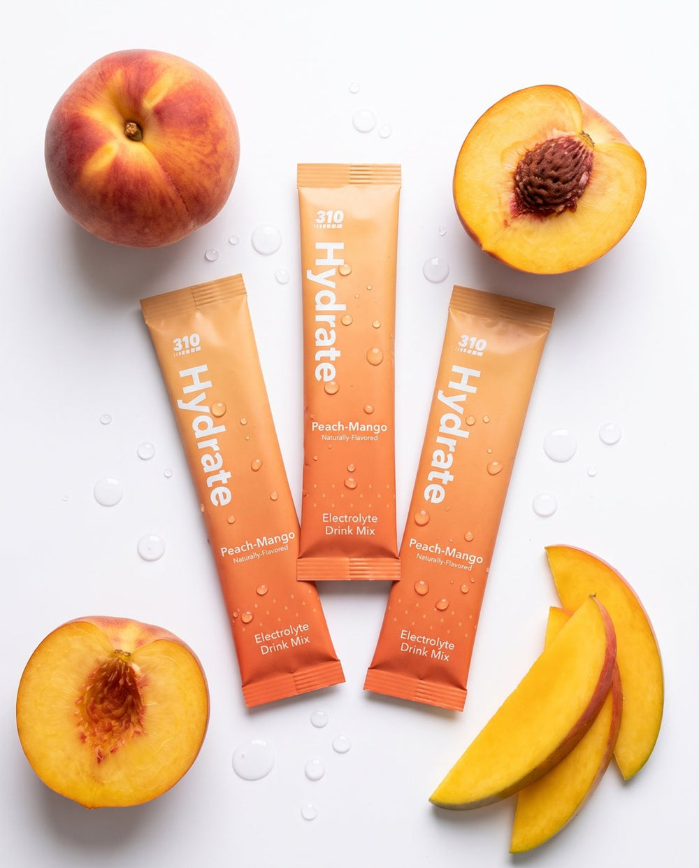 310 Hydrate Peach Mango stick packets with fresh peach and mango slices