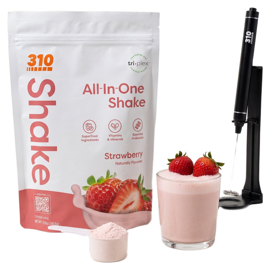 310 Strawberry All-In-One Shake pouch with a scoop of powder, a glass of strawberry shake topped with strawberries and the 310 Frother