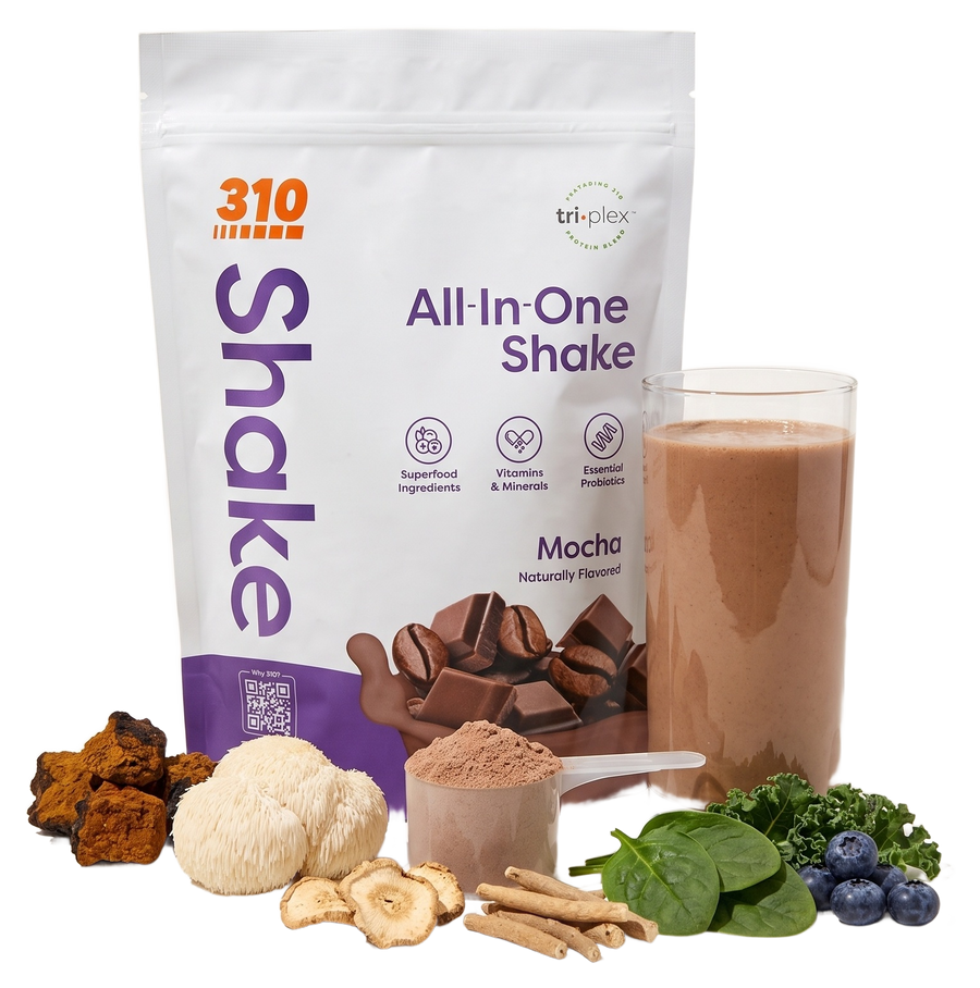 310 All-In-One Shake Mocha pouch and shake with chaga, lion's mane, maca, ashwagandha, greens and blueberries leading into one scoop