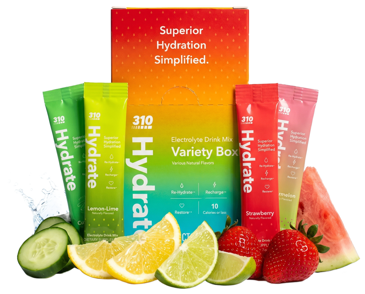 310 Hydrate Variety Box with Cucumber, Lemon Lime, Strawberry and Watermelon sticks and fresh fruit