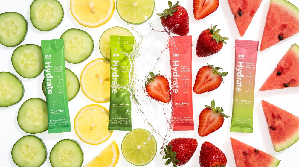 310 Hydrate sticks in Cucumber, Lemon Lime, Strawberry and Watermelon with fresh fruit and a water splash