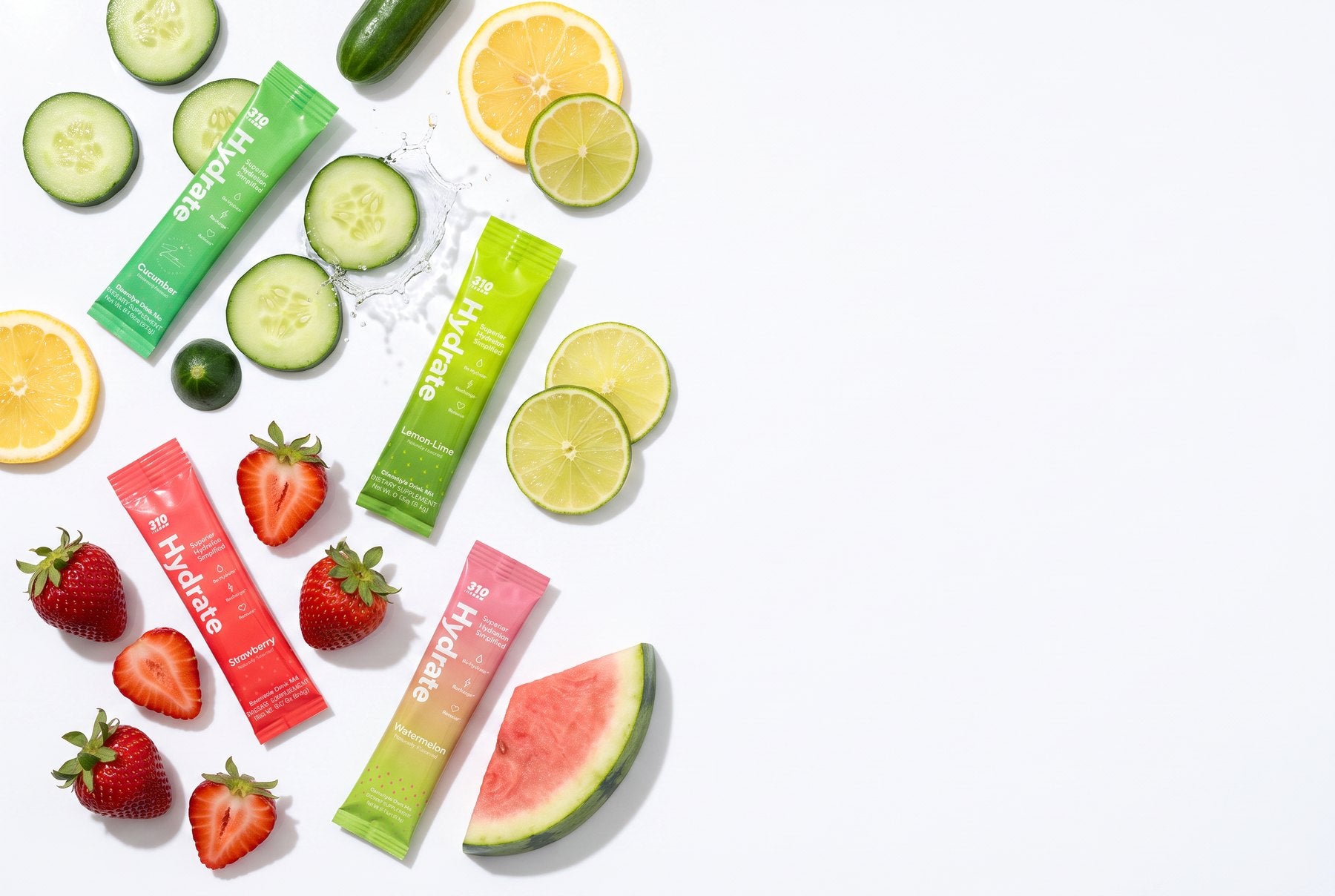 310 Hydrate sticks in Cucumber, Lemon Lime, Strawberry and Watermelon with fresh fruit and a water splash