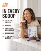 310 Mocha All-In-One Shake with 15g plant protein, 5g fiber, 26 vitamins and minerals, sugar free, plant-based