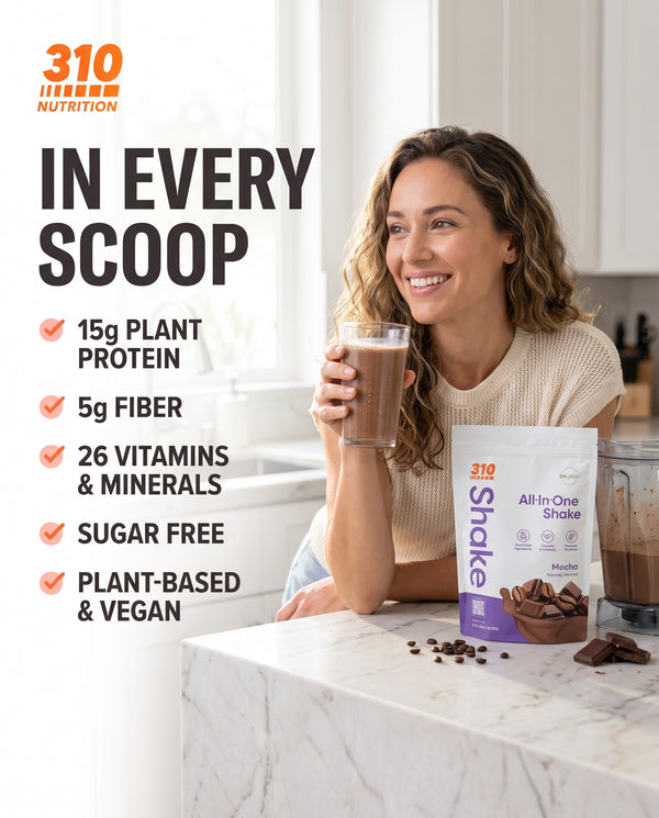 310 Mocha All-In-One Shake with 15g plant protein, 5g fiber, 26 vitamins and minerals, sugar free, plant-based
