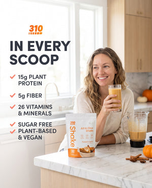 310 Pumpkin Spice All-In-One Shake with 15g plant protein, 5g fiber, 26 vitamins and minerals, sugar free, plant-based