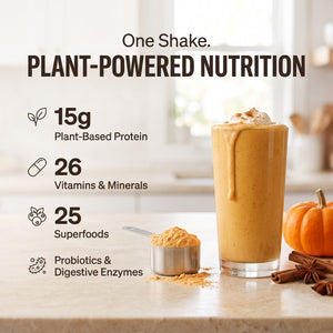 310 Shake Pumpkin Spice: one shake, plant-powered nutrition. 15g plant-based protein, 26 vitamins and minerals, 25 superfoods, probiotics and digestive enzymes
