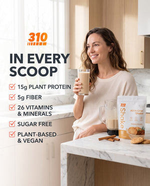 310 Snickerdoodle All-In-One Shake with 15g plant protein, 5g fiber, 26 vitamins and minerals, sugar free, plant-based