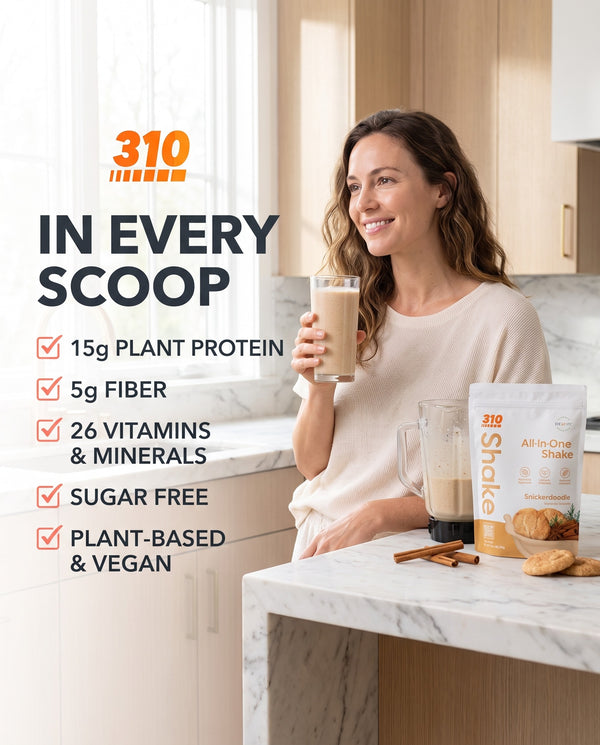 310 Snickerdoodle All-In-One Shake with 15g plant protein, 5g fiber, 26 vitamins and minerals, sugar free, plant-based