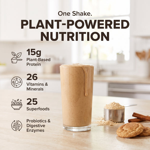 310 Shake Snickerdoodle: one shake, plant-powered nutrition. 15g plant-based protein, 26 vitamins and minerals, 25 superfoods, probiotics and digestive enzymes
