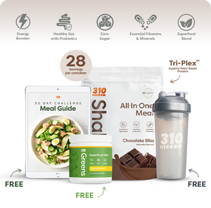 Chocolate bliss 28 serving meal replacement with free greens, meal guide and shaker cup