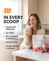 310 Strawberry All-In-One Shake with 15g plant protein, 5g fiber, 26 vitamins and minerals, sugar free, plant-based