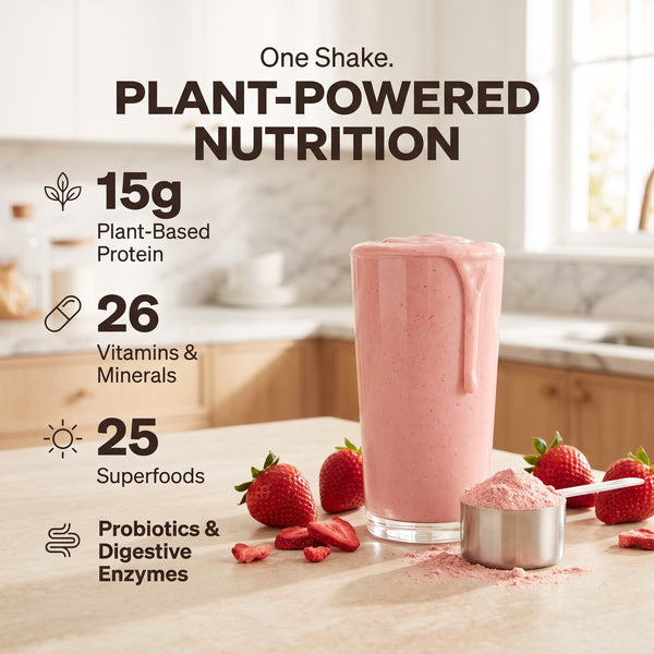 310 Shake Strawberry: one shake, plant-powered nutrition. 15g plant-based protein, 26 vitamins and minerals, 25 superfoods, probiotics and digestive enzymes