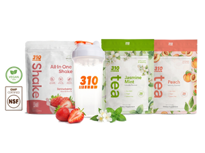 310 Summer Stack — Strawberry All-In-One Shake, clear shaker cup, Jasmine Mint & Peach teas