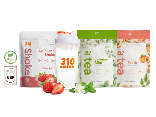 310 Summer Stack — Strawberry All-In-One Shake, clear shaker cup, Jasmine Mint & Peach teas