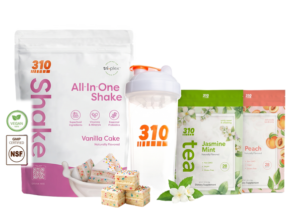 310 Summer Stack — Vanilla Cake All-In-One Shake, clear shaker cup, Jasmine Mint & Peach teas