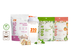 310 Summer Stack — Vanilla Cake All-In-One Shake, clear shaker cup, Jasmine Mint & Peach teas