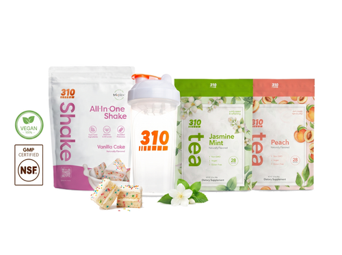 310 Summer Stack — Vanilla Cake All-In-One Shake, clear shaker cup, Jasmine Mint & Peach teas