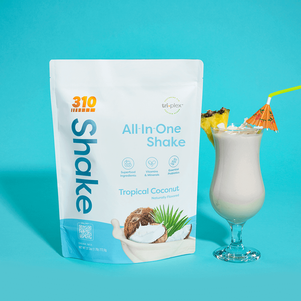 310 Tropical Coconut All-In-One Shake pouch with a tropical shake