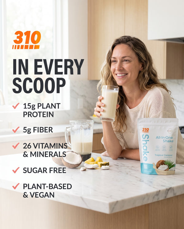 310 Tropical Coconut All-In-One Shake with 15g plant protein, 5g fiber, 26 vitamins and minerals, sugar free, plant-based