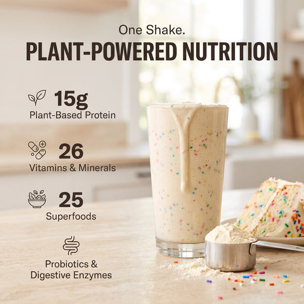 310 Shake Vanilla Cake: one shake, plant-powered nutrition. 15g plant-based protein, 26 vitamins and minerals, 25 superfoods, probiotics and digestive enzymes