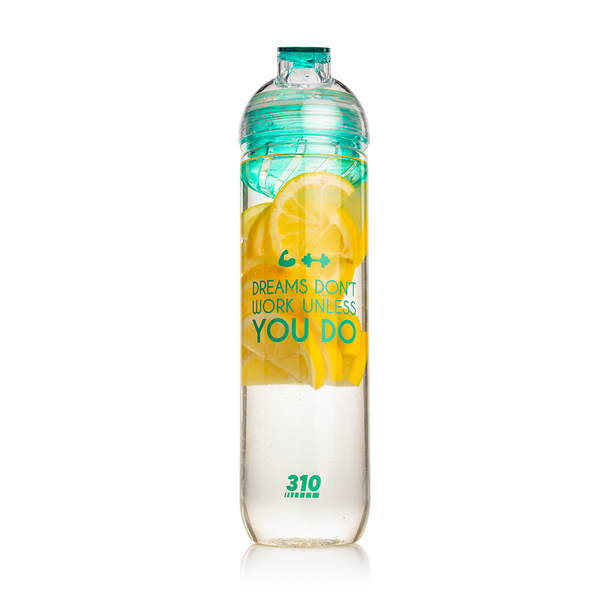 water infuser bottle with a "Dreams Don't Work Unless You Do" quote and lemons inside