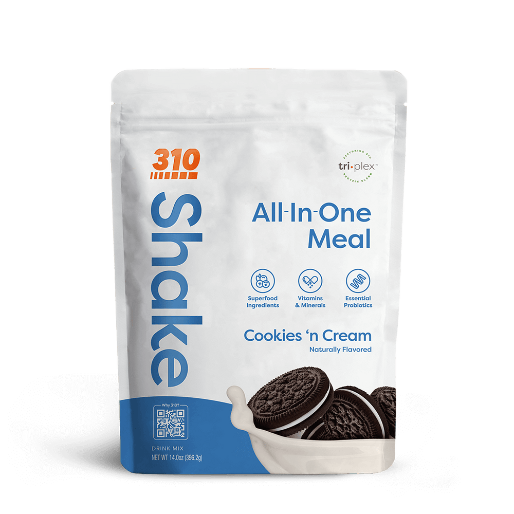 A pouch of 310 All-In-One cookies n' cream shake. 