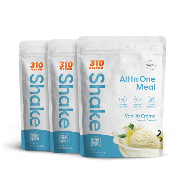 three 14 serving packs of vanilla creme meal replacement shake