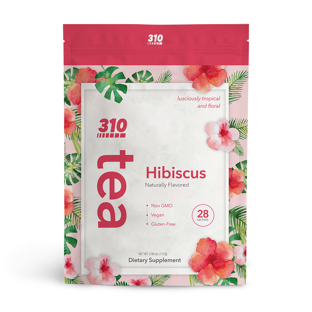 310 Tea in Hibiscus flavor featuring the hibiscus flower packaging design