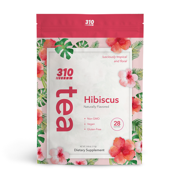 310 Tea in Hibiscus flavor featuring the hibiscus flower packaging design