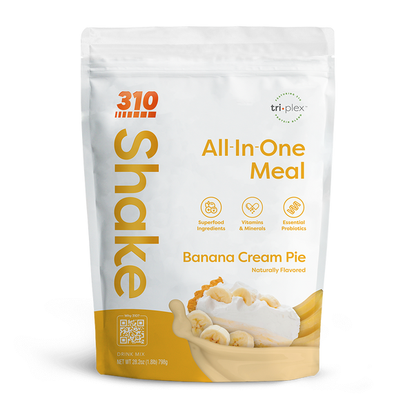 310 Banana Cream Pie All-In-One Meal Shake with superfoods, probiotics, and natural banana flavor.