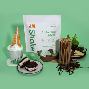 Chocolate shake, ice cream and 310 All-In-One meal shake mix in a mint background.