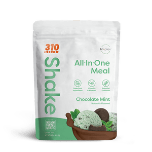 A pouch of 310 Chocolate Mint flavored meal replacement shake.