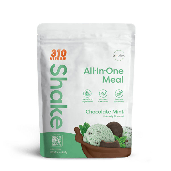 A pouch of 310 Chocolate Mint flavored meal replacement shake.