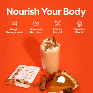 Nourish Your Body text with a glass of shake, pumpkin spice, pie and cinnamon sticks.