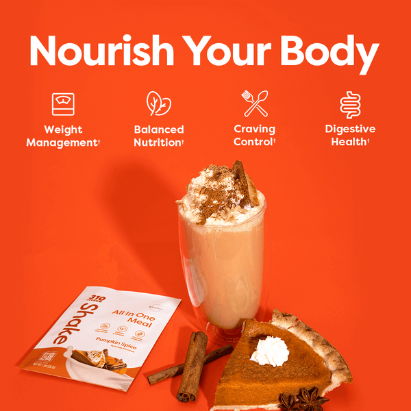 Nourish Your Body text with a glass of shake, pumpkin spice, pie and cinnamon sticks.