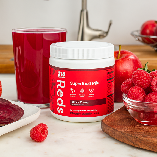 310 Reds Black Cherry flavor with berries, apples and a glass of juice.