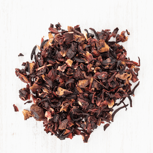 A close-up view of loose hibiscus tea leaves