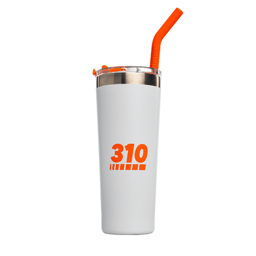 A white and orange colored 310 Insulated Stainless Steel Travel Mug.