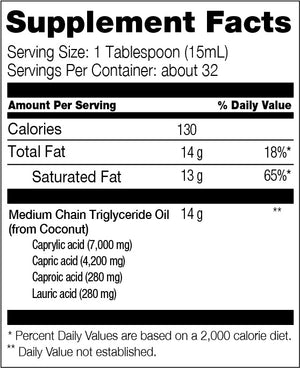 Supplement facts label for 310 MCT Oil showing calories and fat content per serving.