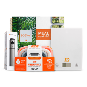 Orange meal prep bundle with collapsible container, scale, journal, meal guide, and sprayer.