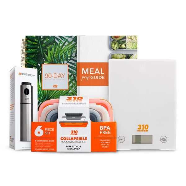 Orange meal prep bundle with collapsible container, scale, journal, meal guide, and sprayer.