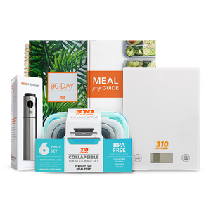 310 Meal Prep Bundle with a teal collapsible container, scale, journal, meal guide, and oil sprayer.