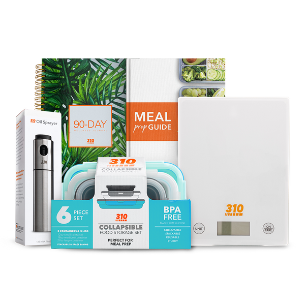 310 Meal Prep Bundle with a teal collapsible container, scale, journal, meal guide, and oil sprayer.