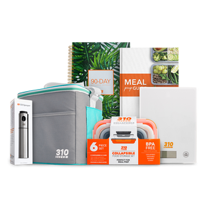 meal prep bundle with collapsible container, lunch box, scale, meal guide, sprayer and journal