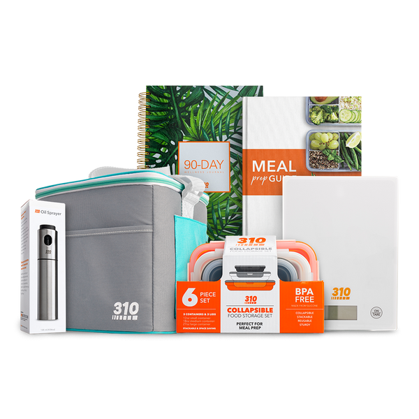 meal prep bundle with collapsible container, lunch box, scale, meal guide, sprayer and journal