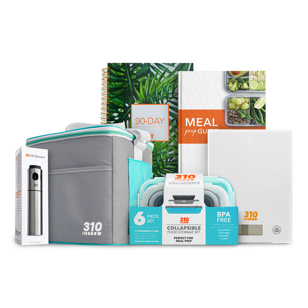 310 Meal Prep Bundle in teal with collapsible container, scale, meal prep guide
