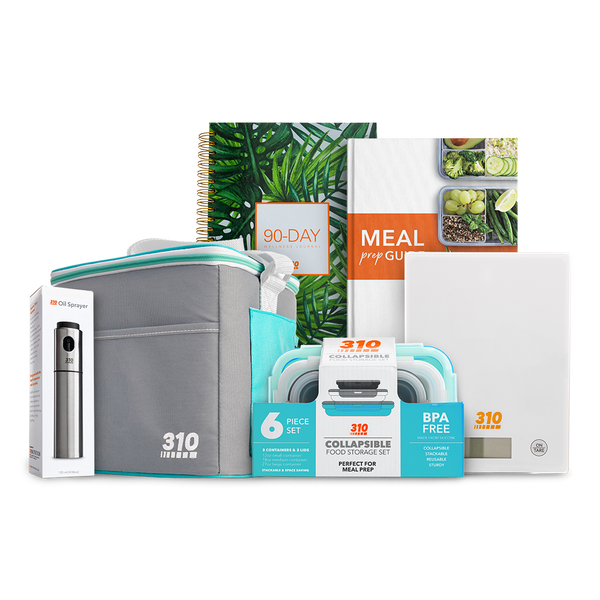 310 Meal Prep Bundle in teal with collapsible container, scale, meal prep guide