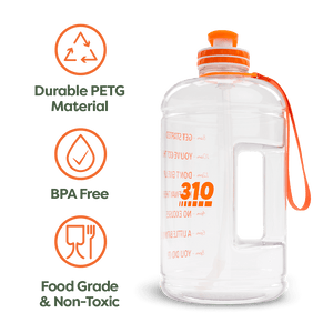 Clear mega hydration bottle showcasing its key features.