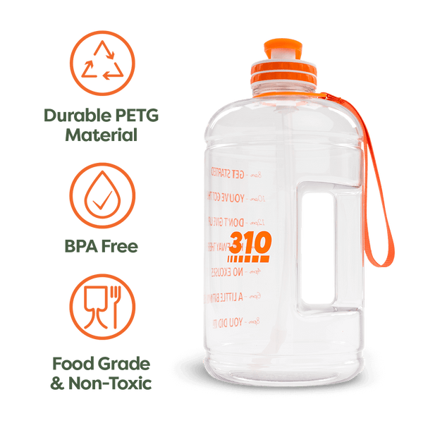 Clear mega hydration bottle showcasing its key features.