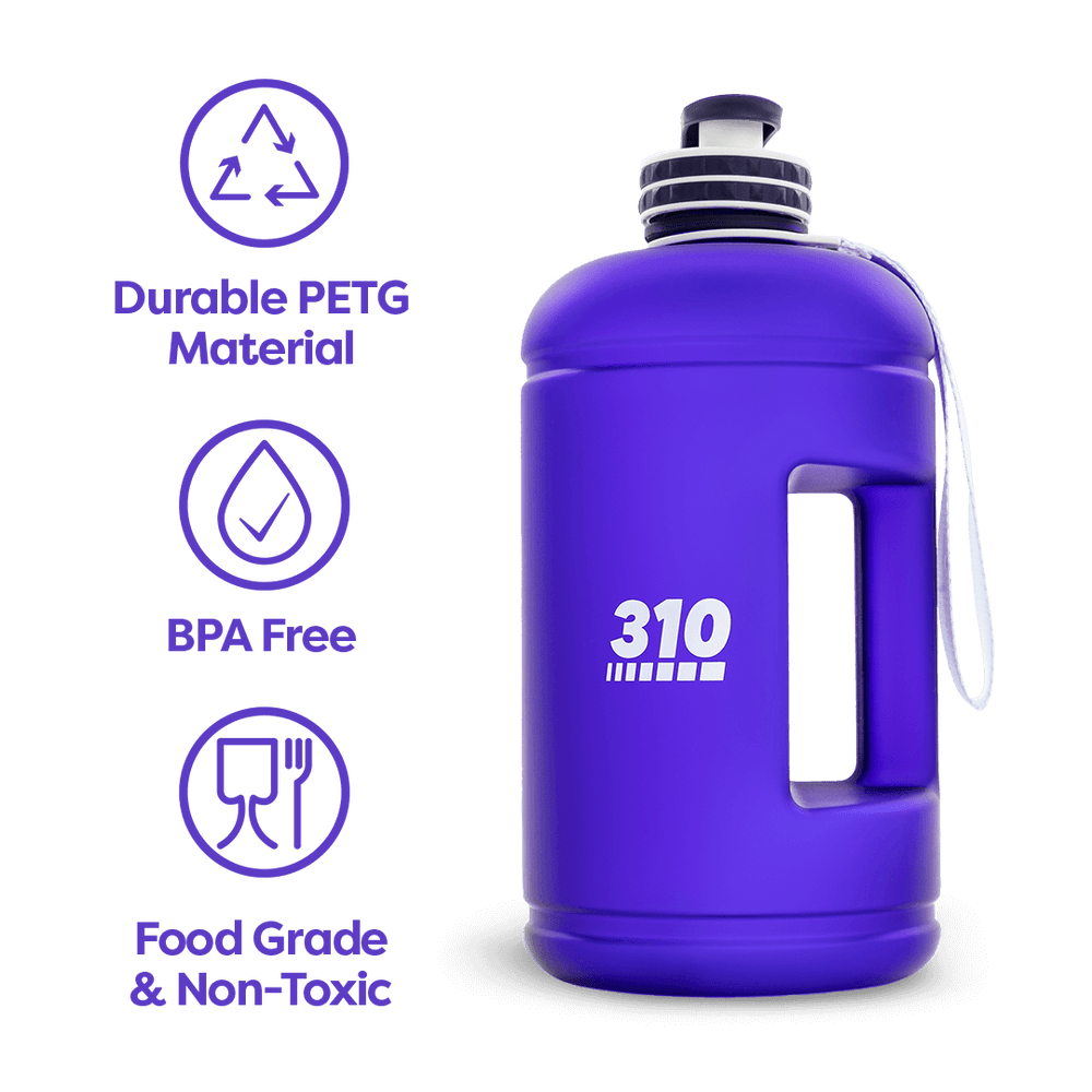 Purple mega hydration bottle showcasing its key features.